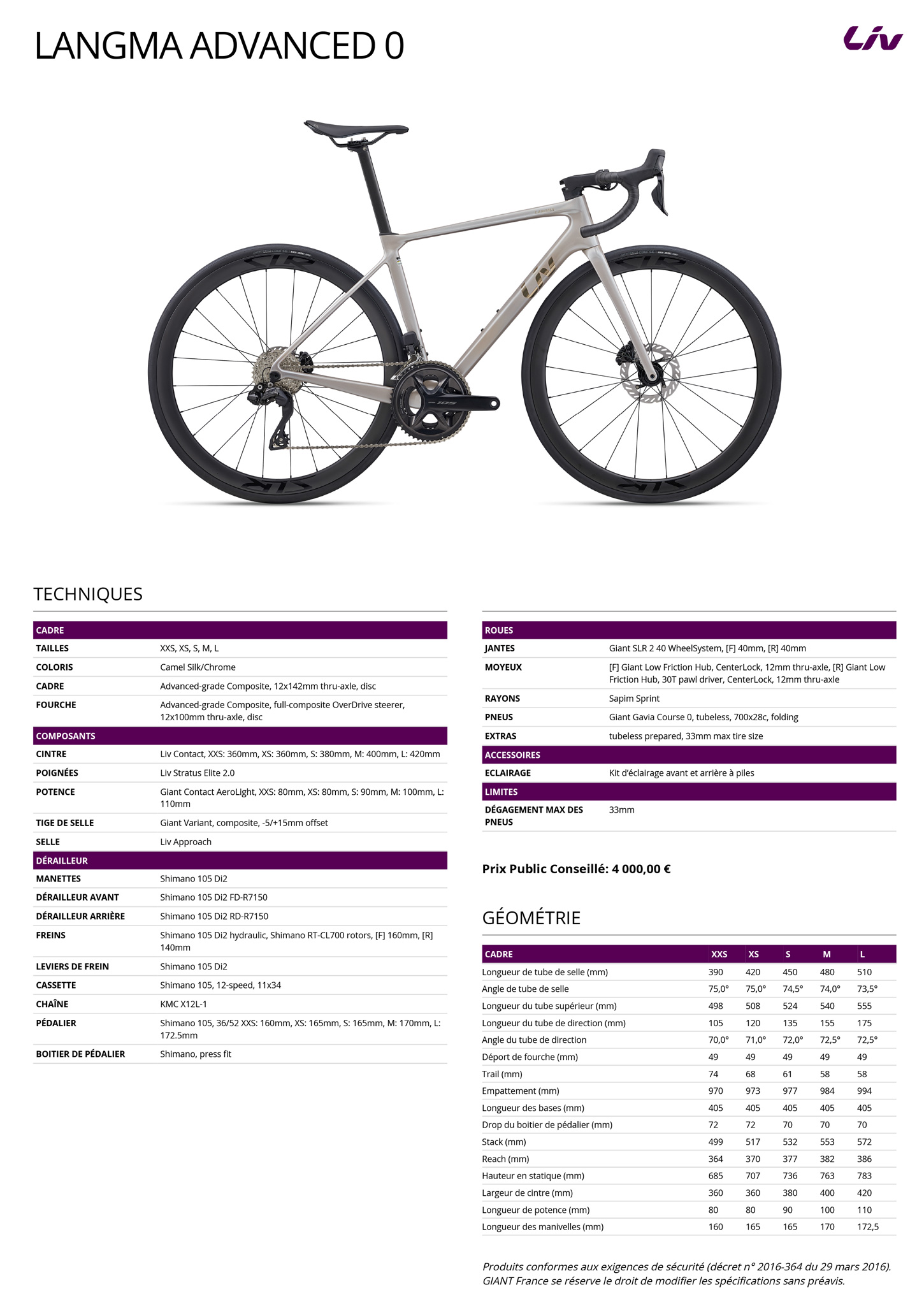 Fiche technique du velo Langma Advanced 0 année 2026